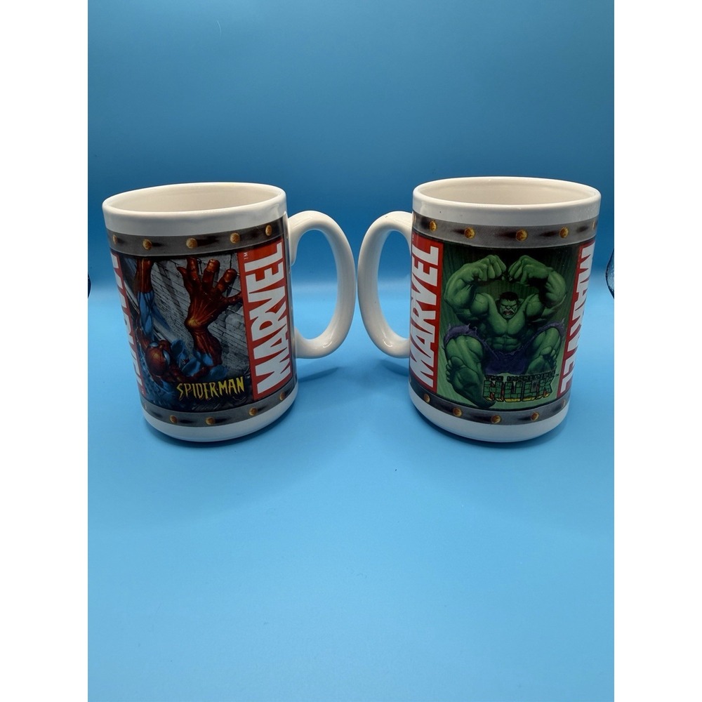 Marvel Comics Spider-man Incredible Hulk Coffee Cup Mug Ceramic 2003 Set of Two
